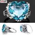 Women Inlaid Heart-Shaped Crystal Glass Ring Navy Blue Gem-Like Finger Jewelry. 