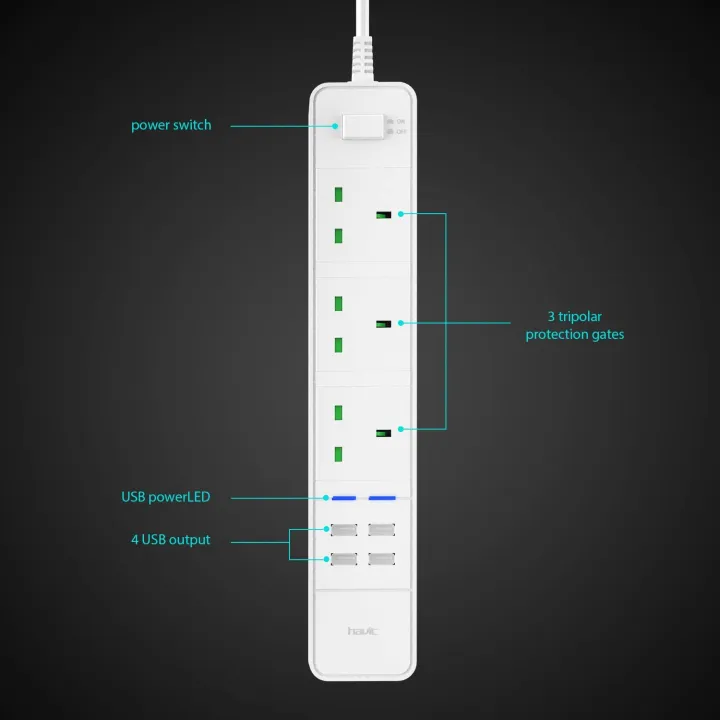 Extension%20Lead,%20HAVIT%20Universal%20Power%20Strip%20With%204%20USB%20Ports%20(4.6A)%20+%203%20Way%20Outlets%20(3250W/13A)%20Surge%20Protector%20Power%20Extension%20Plug,%20%20Intelligent%20Charging%20with%205.9ft%20Power%20Cord%20(C763,%20White).%20-%20Image%206