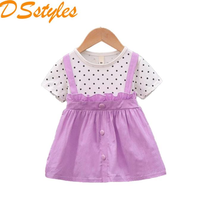 DSstyles Baby Girls Summer Dress Polka Dot Print Round Neck Short