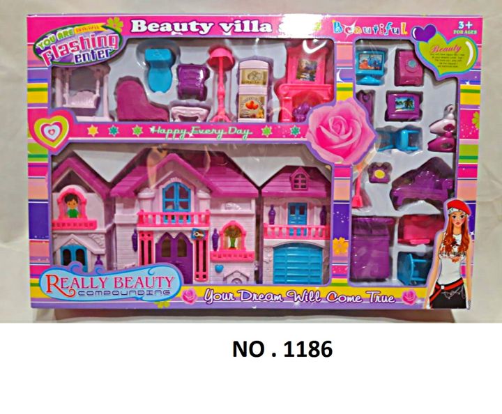 MEGAZONE Doll House Beauty Villa Set Pink Dollhouse for Girls