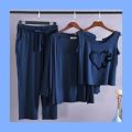 3 Piece Love Heart Printed Cotton Jersey Night Suit for Women Nightsuit Gown Set For Women - Blue. 
