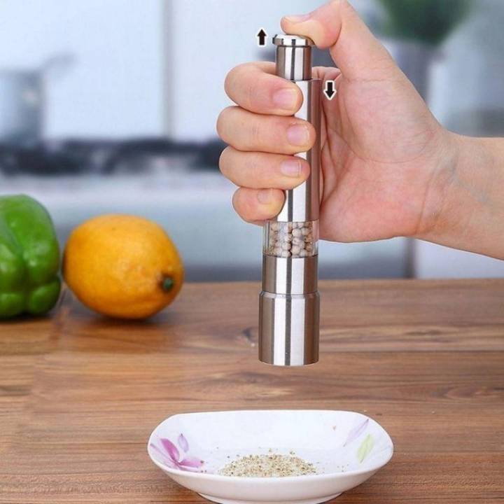 Pakistan Retail Store 1 Pc Mini Pepper Mill Premium Tall Premium Stainless Steel Salt Shaker Push-Button Manual Glass Salt and Pepper Thumb Press Set Machine for Grinding Black Pepper Grinder with Adjustable Ceramic Mechanism (Silver)