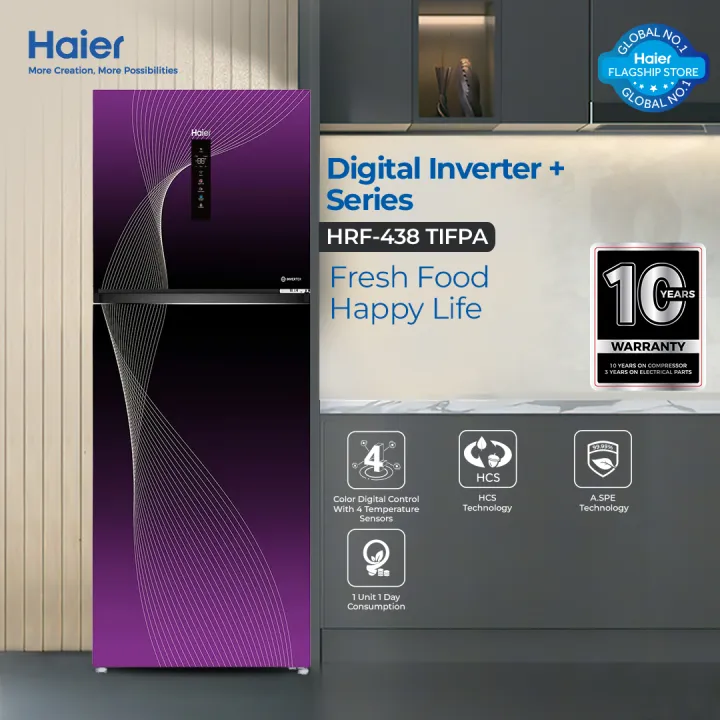 Haier%2016%20Cu%20Ft/Digital%20Inverter/HRF-438IFPA%20(Fresher%20&%20HCS%20Technology+Digital%20Control%20Panel+Turbo%20Fan+4%20Temperature%20Sensors+ABT%20Technology+Inverter%20Compressor+Glass%20Door)%20Purple%20Colour%20Refrigerator/10%20Years%20Warranty%20-%20Image%202