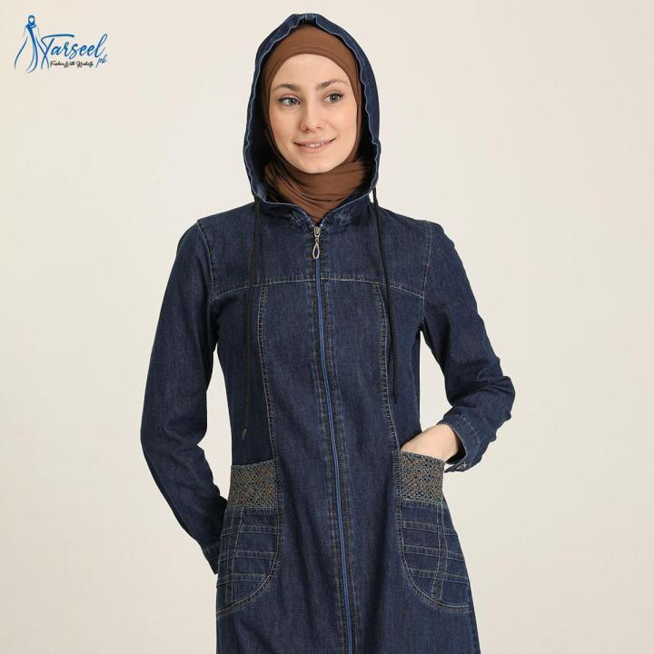 Tarseel Navy Blue Denim Abaya With Hoodie Thread Designing On Pocket Abaya For Her Daraz.pk