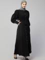 FRONT OPEN LONG CUFF GATHERED PUFFED SLEEVE CASUAL ABAYA. 