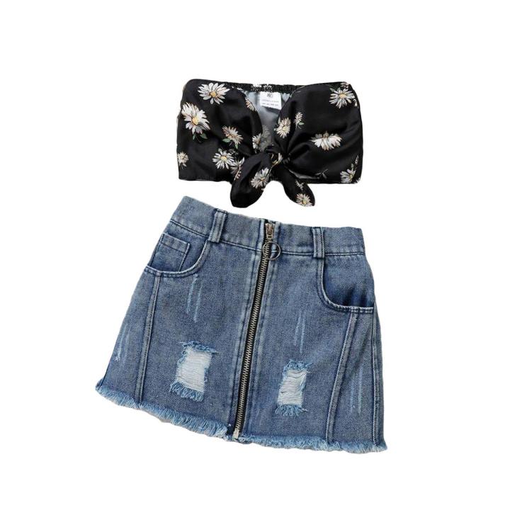 Baby House 2 Pieces Kids Suit Set, Toddler Daisy Print Sleeveless Strapless Tops+ Ripped Denim Skirt, 1-6 Years