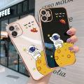 (Free Lanyard) Luxury 6D Plating Case for Realme C20 / C20A / C11 2021 Back Cover Cute Cartoon Happy Astronaut Side Pattern Soft Silicone Square Phone Cases. 
