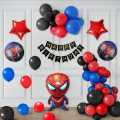 Spiderman Theme Birthday Decoration Items Kit for Boys includes Black, Red and Blue Balloons with Spider man Foil Balloon set and Black Happy Birthday Banner- Set of 53 Items. 
