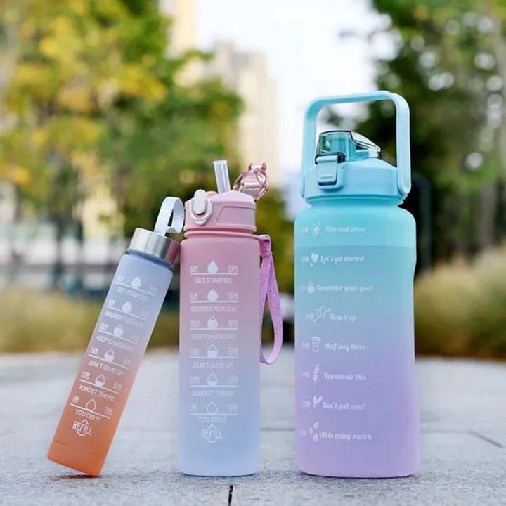 3 Pieces Combo Motivational Water Bottle Set For Day-to-Day Routine | With Time Marker, Funny Stickers, Straw & Handle (2L+900ml+280ml) (Pink With Multi Shades)