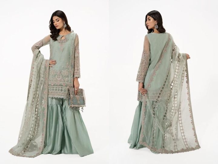 Brand Name  EMAN COLLECTION ** SHIRT   Organza  Unstich Collection** Embroiedred Adda  Work Full Front Shirt  Back Plain Heavy Embroiedered Bunch ** BY BANO COLLECTIONS**