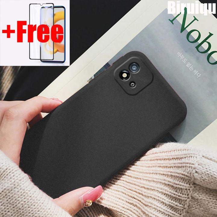 (Free Tempered Glass)Biruiqu For Realme C11 2021 Shockproof Anti Slip Soft TPU Sandstone Matte Back Case Cover