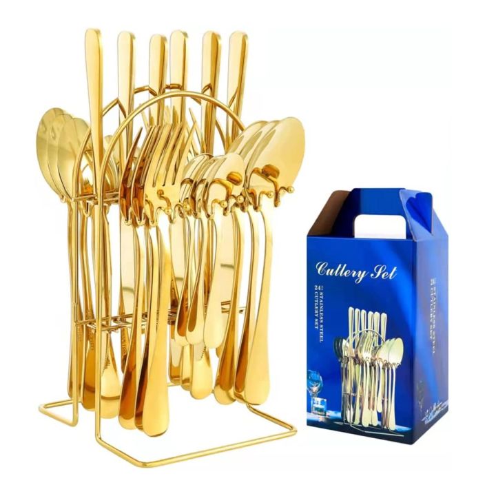 24 Piece GOLDEN Hanging Cutlery Set & Holder/Stand, Elegant Life Cutlery Set, Stainless Steel and Mirror Polishing Dinnerware Sets, Multifunctional Use for Home and Kitchen