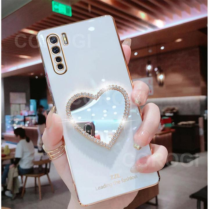 For OPPO F15 Cover with Makeup Mirror Shiny Plating Square Bumper Girls Phone Case Soft TPU Silicone Shockproof Protective Back Cover