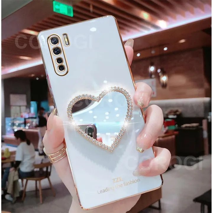 For OPPO F15 Cover with Makeup Mirror Shiny Plating Square Bumper Girls Phone Case Soft TPU Silicone Shockproof Protective Back Cover