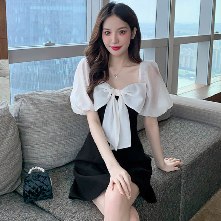 Women%20%20Dress%20Black%20White%20Contrast%20Color%20Bubble%20Sleeve%20Bow%20ie%20Square%20Neck%20Little%20Black%20Dress%20color%20-%20Image%206