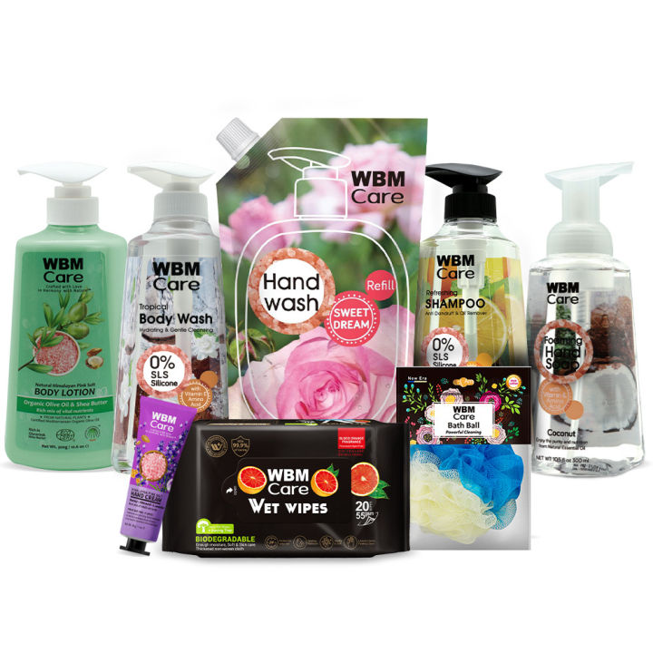 (Pack of 8) WBM Personal Care Kit | Foaming Hand Wash, Body Wash, Shampoo, Wet Wipes, Bath Ball, Body Lotion, Hand Cream & Hand Wash Refill