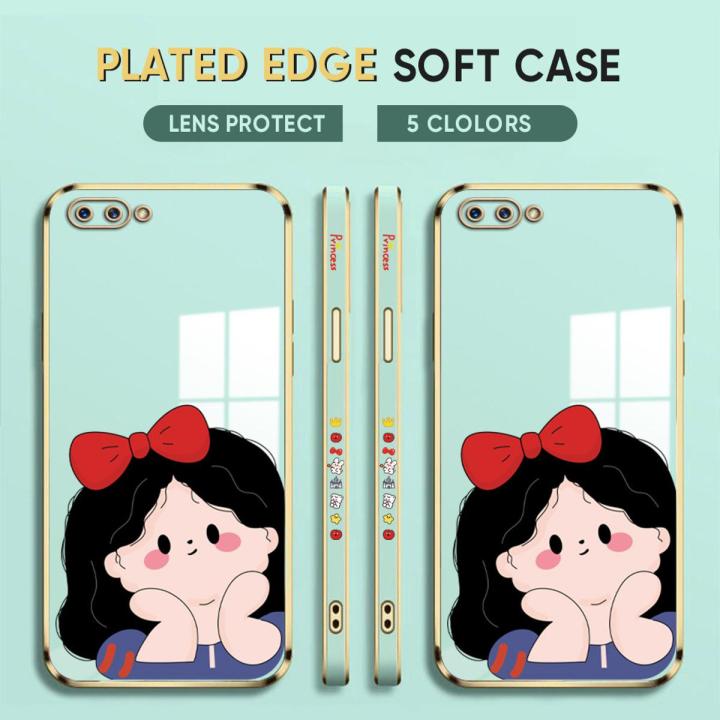 (Free Lanyard) Luxury 6D Plating Case for OPPO A3S Phone Cases Bow Girl Side Print Soft Silicone Square Back Cover