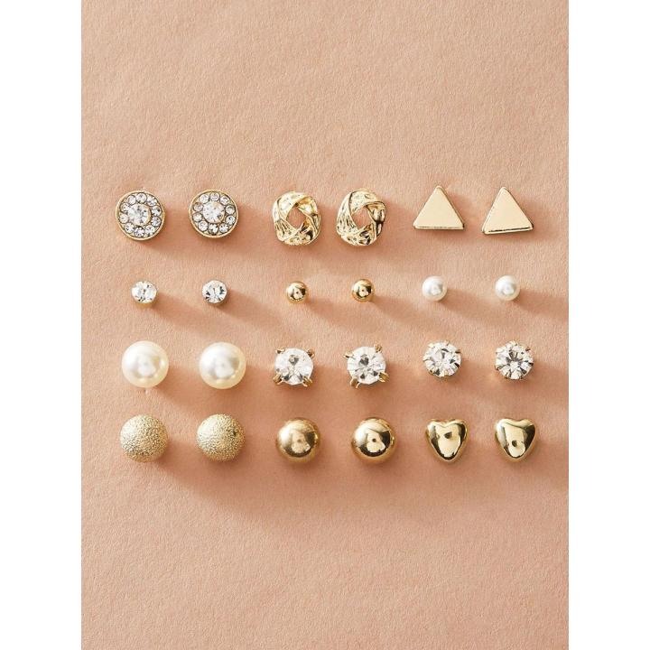 Shein- 12pairs Rhinestone Decor & Faux Pearl Decor Stud Earrings