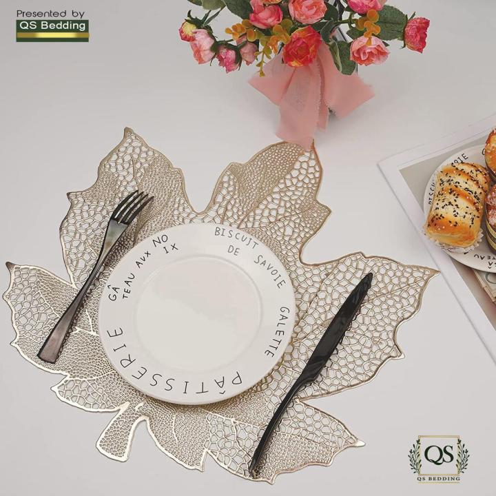 QS Flower Placemats  2pc 4pc 6pc Metallic Placemats with Hollow Out Design Heat Resistant Non-Slip Vinyl Floral Table Mats for Dining Table Wedding Kitchen Party Decor | QS Bedding