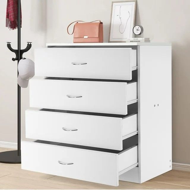 Chest of 4 Drawers Modern White, Chest of Drawers for Bedroom, Storage Cabinet Dresser Organizer Unit with Handle for Living Room