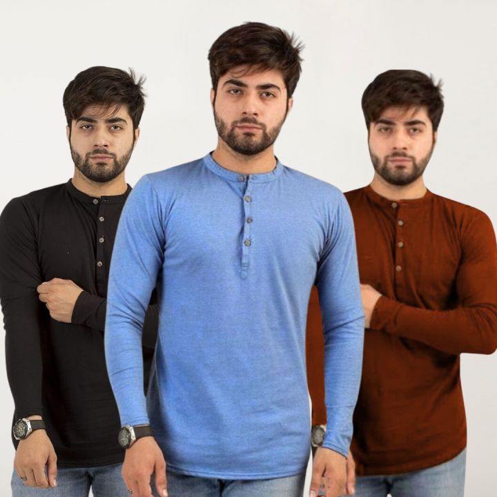Ruku Garments Men's Long Sleeves Kurti T-Shirt Pack of 3