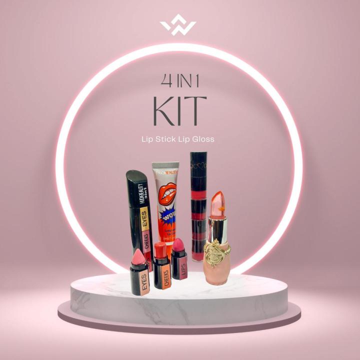 Makeup deal of 4:lipgloss mate 4in1+3in1 makeup stick+jelly lipstick+peel off lipstick