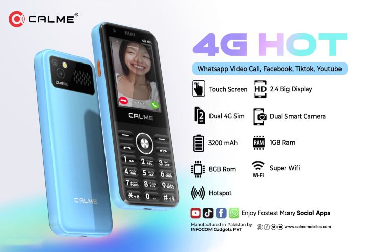 New Model Calme 4G Hot Touch And Type 1GB RAM 8GB ROM - 2.4" Touch Screen - 3200 mAh Battery - WhatsApp Video Calling - Type C Charging -YouTube - Facebook -  Type 4G LTE Wi-Fi Bluetooth Hotspot Box Pack 1 Year Warranty