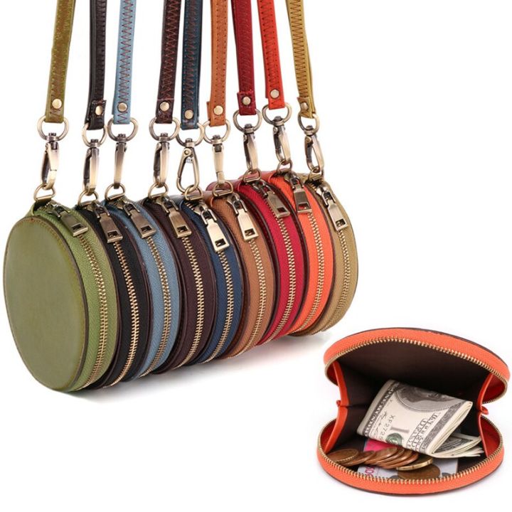 Retro Round Genuine Leather Small Coin Purse Pouch with Wristband Women's Zipper Wallets Female Clutch Money Bag Card Holder