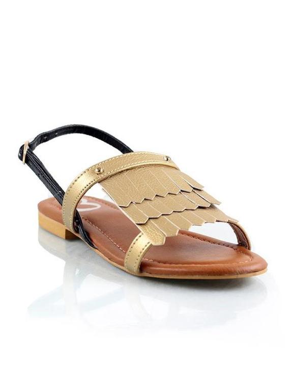 Golden Faux Leather Sandals For Women