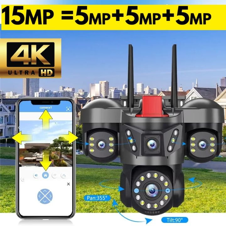 Global Version IP Camera  New Flagship 15MP Triple Lens Security Camera Wireless Outdoor WiFi 15MP 4K THREE Lens PTZ Wifi Camera Indoor / Outdoor Waterproof Security Video Surveillance Camera Light Alarm