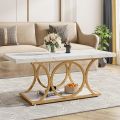 Rectangle Coffee Table, 47.24-inch Modern Coffee Tables for Living Room, 2-Tier Faux Marble Wood Coffee Table with Geometric Legs, Furniture with Storage Shelf (White & Gold). 
