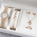 Women's Quartz Watch with Diamond Butterfly Bracelet & Necklace Set - Fashion Metal Watch, Girl's Jewelry Accessories - 6pcs. 