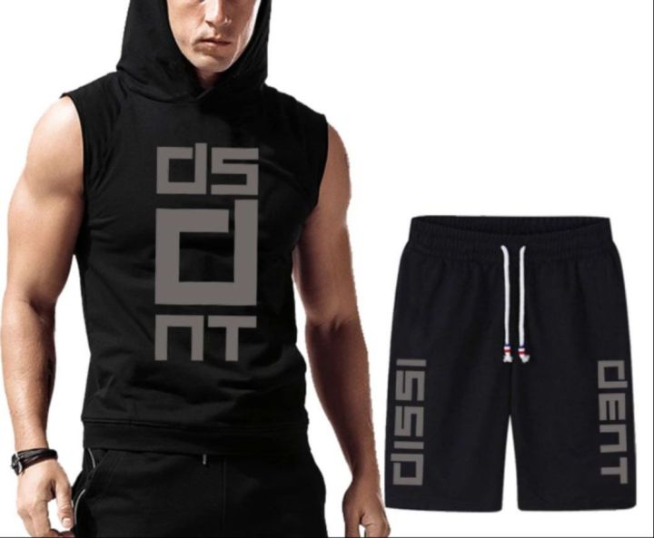 hoodies tanks for men men's fitness gym muscle body building sleeveless hoodies and short gym hoodies and for men TRACK SUIT FOR MAN