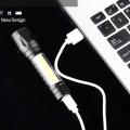 High Quality LED Aluminum Mini Small Torch USB Rechargeable Cob Led Flashlights with Zoom adjustable 3 modes, indoor and outdoor, With COB Light with hanging rope. 