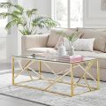 Modern Geometric Coffee Table - Rectangular Clear Glass & Gold Chrome Table - Stylish Center and Cocktail Table for Living Rooms, Home Decor. 