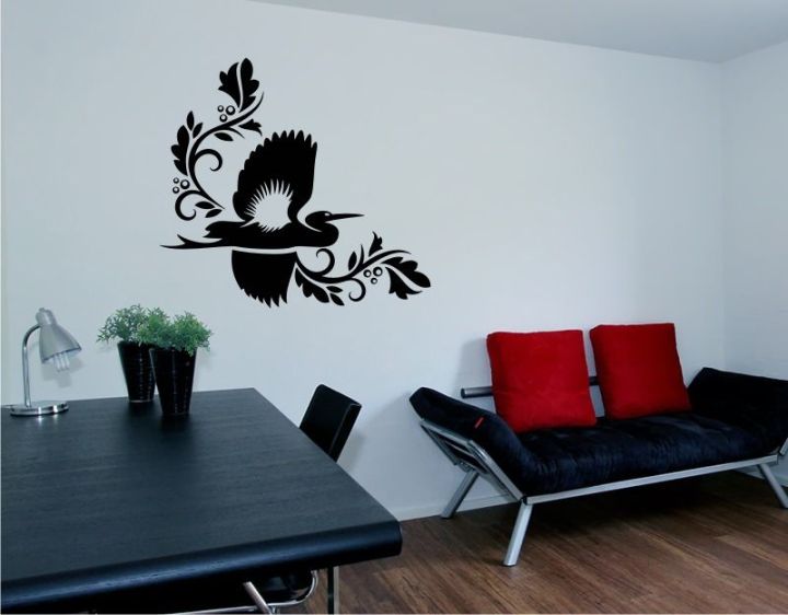 size: 1 x 1 Feet Heron Bagla Bird Floral Corner nature Wall Sticker Vinyl decals for home office decor- Black color - EdotE