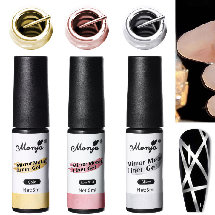Monja 3Pcs/set 5ml Nail Art Metal Gel Liner Mirror Painting Glitter Gel Polish Chrome Super Bright Effect Painting Drawing Line French Acrylic Soak Off UV LED Varnish DIY Nail Art Tool