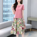 2pcs Women Suit Short Sleeves Round Neck T Shirt Floral Printing Midi Skirt Casual Fashion Two Piece Suit. 