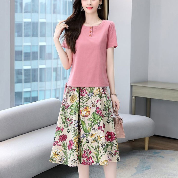 2pcs%20Women%20Suit%20Short%20Sleeves%20Round%20Neck%20T%20Shirt%20Floral%20Printing%20Midi%20Skirt%20Casual%20Fashion%20Two%20Piece%20Suit%20-%20Image%207