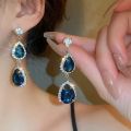 Luxury Necklace Earrings for Women Dark Blue Water Drop Crystal Earrings Wedding Bride Jewelry Sets. 