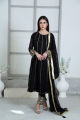 Noir Opulence: 3-Piece Hand-Embroidered Stitched Black Chiffon Suit with Gota, Cutdana, Moti, Dabka sleeves, Chiffon Dupatta Pallu, Silk Trousers - a symphony of exquisite craftsmanship and elegance. 