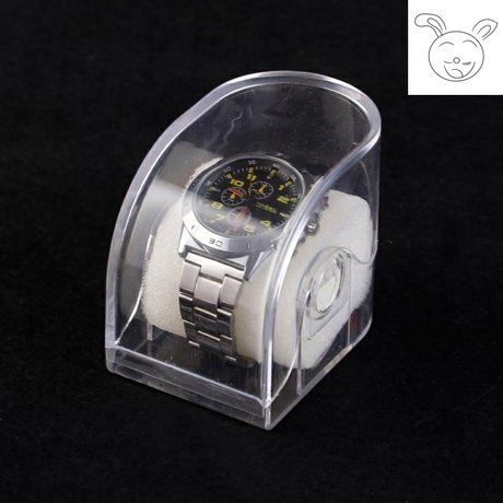 Plastic wristwatch box  made of clear acrylic, which provides a transparent and elegant look  box is designed specifically for presenting watches as gifts or for storing them securely  box features a crystal glass lid, allowing for a clear