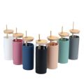Cross-Border Creative Bamboo Cover Borosilicate Straw Glass Cup with Silicone Case Simple Milky Tea Cup Tumbler CustomizationLOGO. 