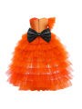 Little Girls Halloween Princess Dress, Pumpkin Printed Back Zipper Large Bowknot Layered Mesh Patchwork Irregular One-Piece. 