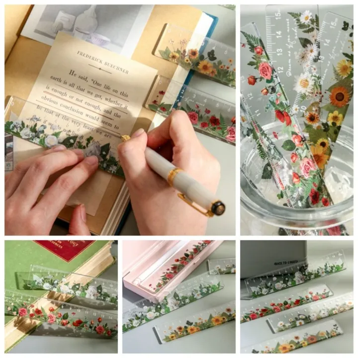 Flower Bookmark Ruler Flower Series Multifunction 15cm Straight Ruler Transparent Double-duty ...