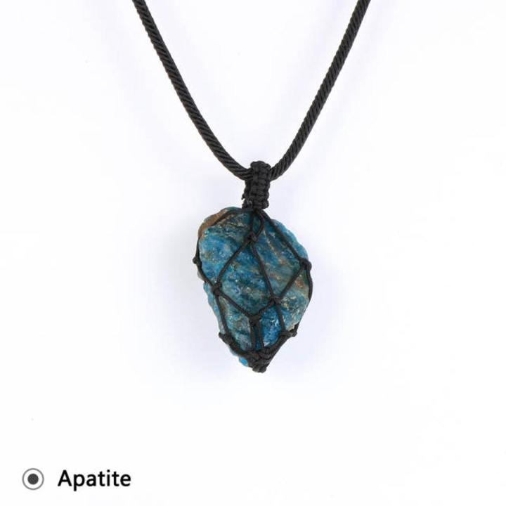 Women Men Natural Blue Apatite Phosphorite Pendant Necklace Rope Braided Wrap Gem Stone Adjustable Sweater Chain Jewelry 70mm