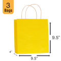 Yellow Gift Bags Kraft Paper Gift Bag for Birthday Wedding Eid Goody Bag twisted Rope Handle - size 9.5 x 4 x 9.5 inches Pack of 3. 