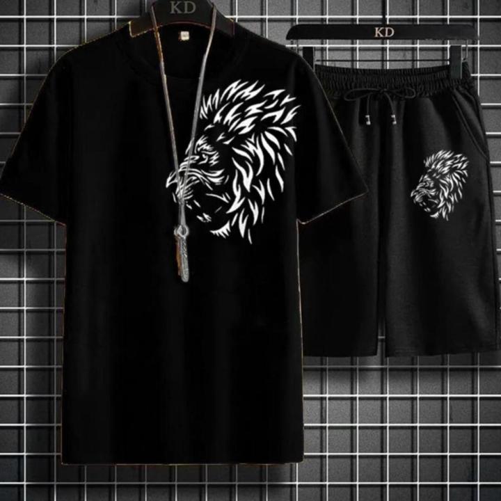 Black Tracksuit side lion face printed summer track Men's Clothing