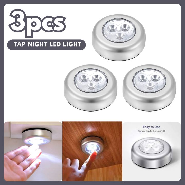 [PACK OF 3 ] Tap Light Led tap touch light Stick-on Push Button Touch Lights | 3 LED Push Touch Lamp | Wardrobe Light | Kitchen Cabinet Closet Night | 3 x lights white color