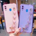 For Samsung Galaxy A20 Back Cover with Love Heart Chain Wrist Strap Fashion Bracelet Shiny Plating Bumper Protective Case Silicone Shockproof Mobile Phone Cases. 